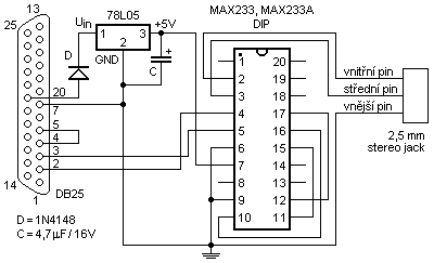 Schema zapojeni s obvodem MAX233 (pouzdro DIP)
